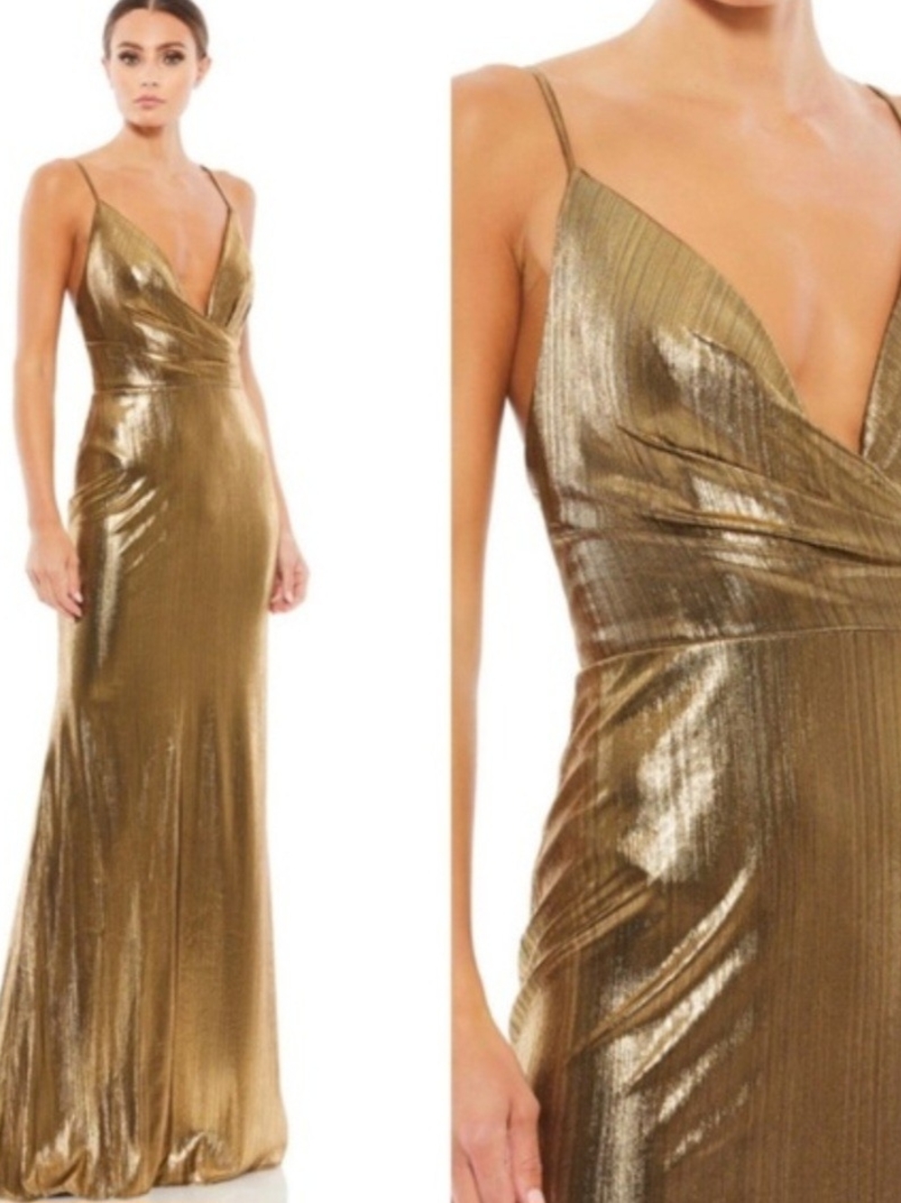 Mac Duggal Metallic Gold V-Neck Maxi Dress